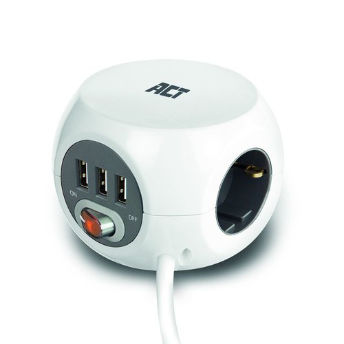 Power block 3 USB charging ports 3 German outlets white 3m