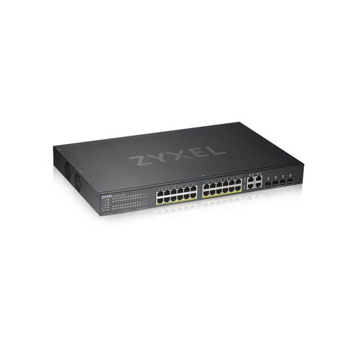 GS1920-24HPv2- 28 Port Smart Managed PoE Switch 24x Gigabit Copper PoE and 4x Gigabit dual pers.-hybrid mode-standalone/NebulaFlex Cloud- 375 Watt PoE