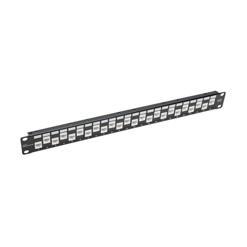 24-Port 1U Rack-Mount Cat6a/Cat6/Cat5e Offset Feed-Through Patch Panel with Cable Management Bar RJ45 Ethernet TAA