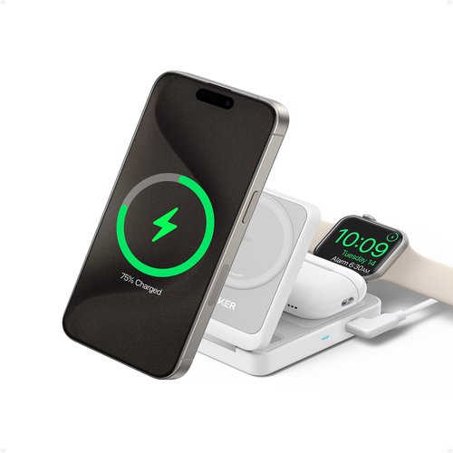 MagGo Magnetic Wireless Charger 15W Foldable 3-in-1 with Charger Bundle White EU Plug