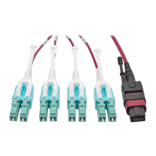 40G MTP MPO to 4xLC Fan-Out OM4 Plenum-Rated Fiber Optic Cable 40GBASE-SR4 PushPull Tabs Magenta 2 m