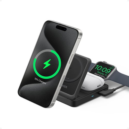 MagGo Magnetic Wireless Charger 15W Foldable 3-in-1 with Charger Bundle Black EU Plug
